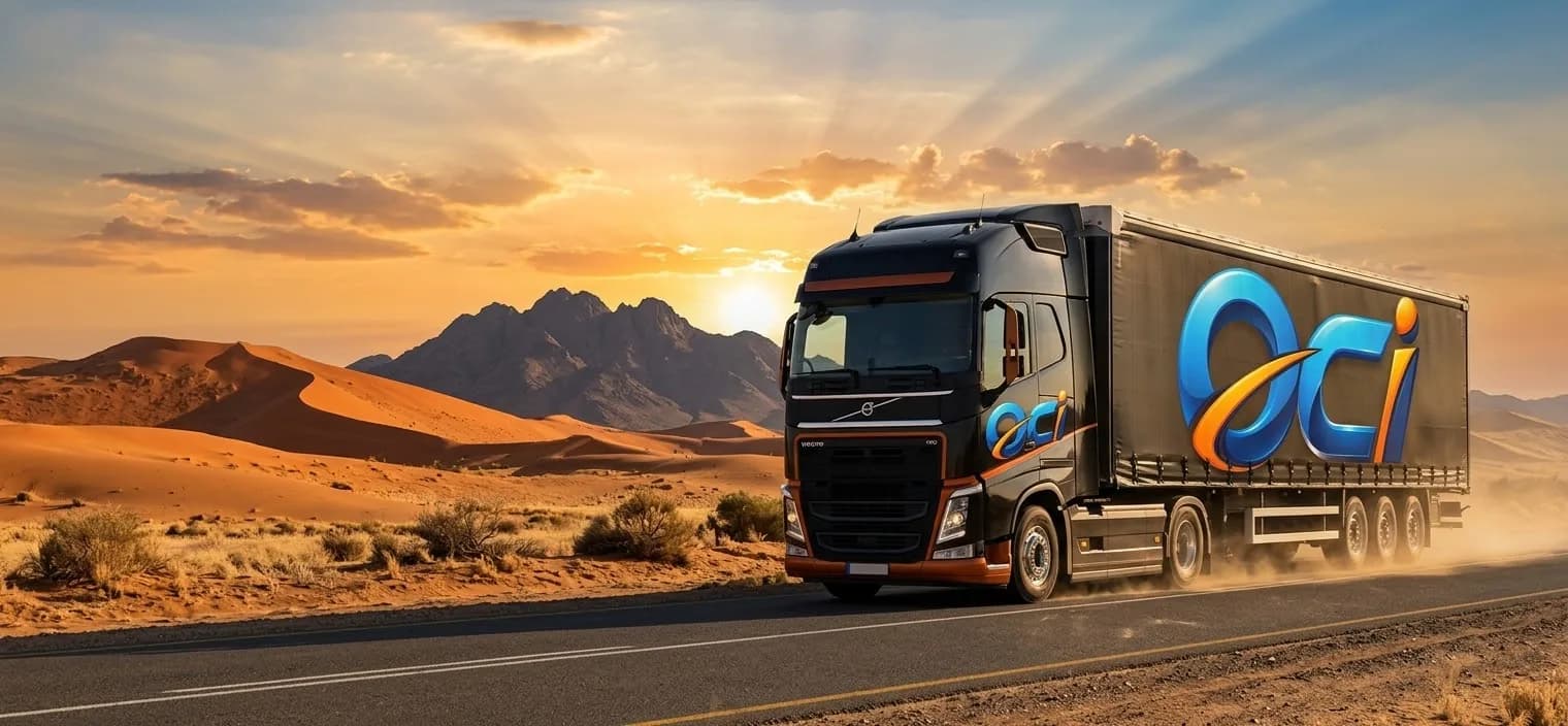 An OCI-branded truck on a Namibian desert road at sunset